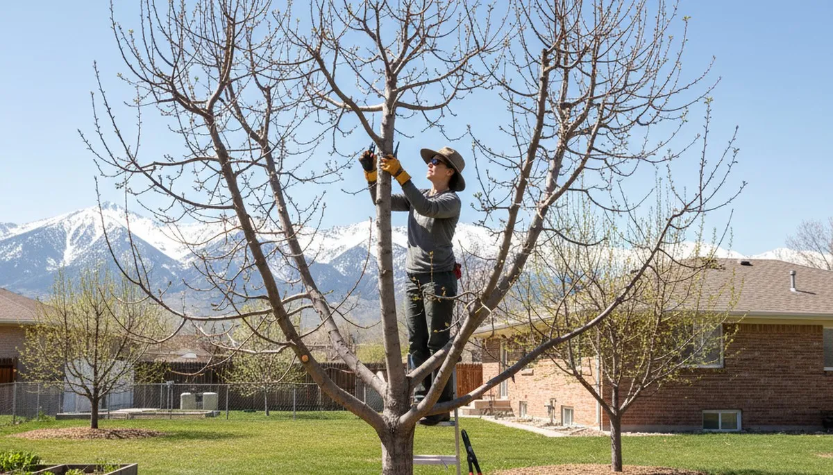 Arborist pruning fruit tree in Salt Lake City UT backyard for healthy growth and professional tree care
